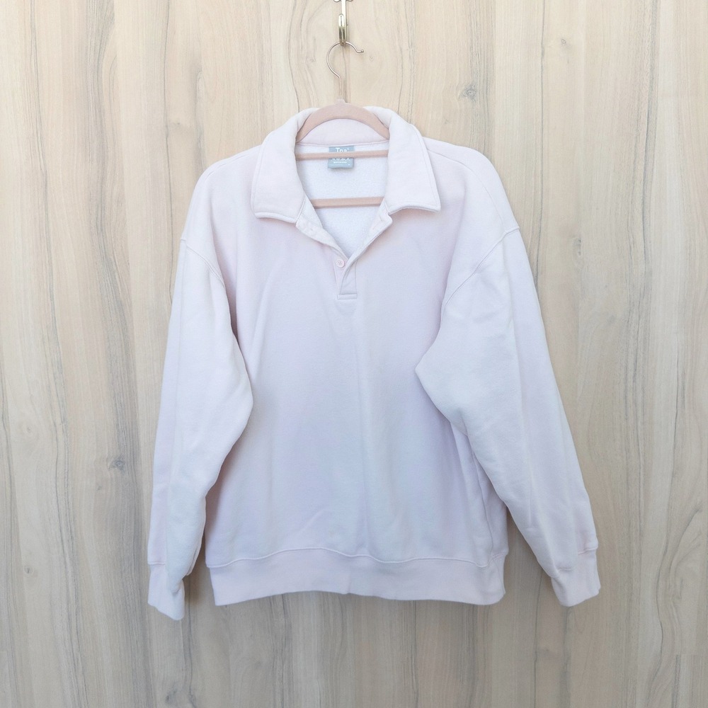 TNA Cozy Boyfriend Pullover Sweatshirt M Pink Fleece Polo Oversized Preppy